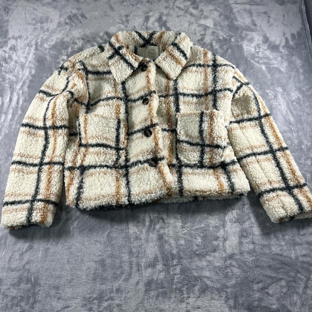 Brown and‎ cream oversized plaid sherpa jacket